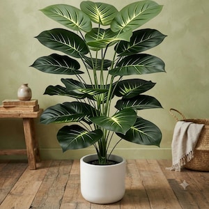 May include: A tall artificial plant with large, dark green, oval-shaped leaves featuring prominent light green veins. The plant is potted in a smooth, cylindrical white ceramic container, showcasing a symmetrical arrangement of foliage.