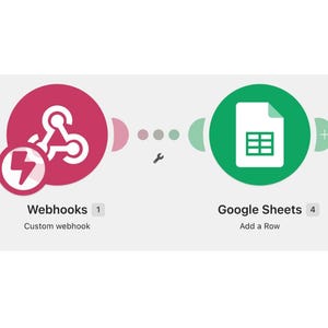 May include: A digital workflow diagram showing a pink circle with a white lightning bolt and connected nodes labelled Webhooks and Custom webhook, linked by a wrench icon to a green circle with a white spreadsheet icon labelled Google Sheets and Add a Row.