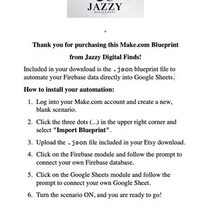 K&ouml;nnte beinhalten: Ein digitales Anleitungsdokument f&uuml;r einen Make.com-Blueprint von Jazzy Management LLC. Der Text beschreibt Schritte zur Automatisierung von Firebase-Daten in Google Sheets, einschlie&szlig;lich des Imports einer .json-Datei.