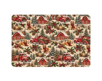 Christmas Dog Farmhouse Pet Food Mat (12x18) — Vintage Red Truck & Golden Retriever Holiday Placemat