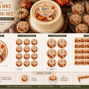 Może przedstawiać: Zestaw jadalnych obrazków z napisem Pumpkin Spice and Everything Nice, zawierający topper na tort o średnicy 25,4 cm, dwanaście okrągłych obrazków 5,08 cm, sześć 7,62 cm oraz pięć pasków dekoracyjnych z motywem dyń i jesiennych liści.