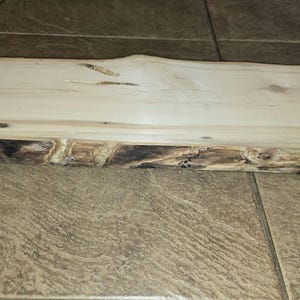Pu&ograve; includere: Primo piano di una tavola di legno di colore chiaro con un bordo naturale. Il legno ha un colore marrone chiaro e una superficie liscia. Il bordo della tavola &egrave; ruvido e di colore marrone scuro.