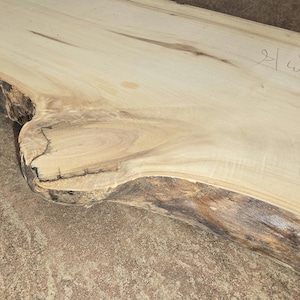 Pu&ograve; includere: Una grande lastra di legno marrone chiaro con un bordo naturale. Il legno ha un colore marrone chiaro con striature marrone scuro. La lastra ha una texture ruvida e naturale. La lastra &egrave; contrassegnata dal testo scritto a mano "2/a1".