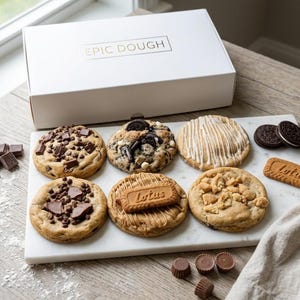May include: A white rectangular box labeled EPIC DOUGH sits behind a marble board holding six assorted cookies. The cookies feature toppings including chocolate chunks, crushed sandwich cookies, white icing, and Lotus Biscoff biscuits.
