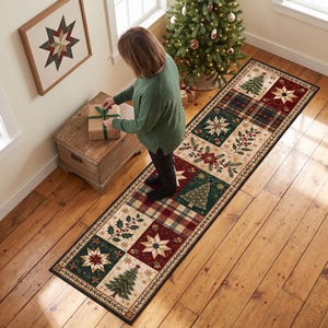 Christmas Quilt Runner Rug, Washable Green Pine Tree Patchwork Dining Room Decor