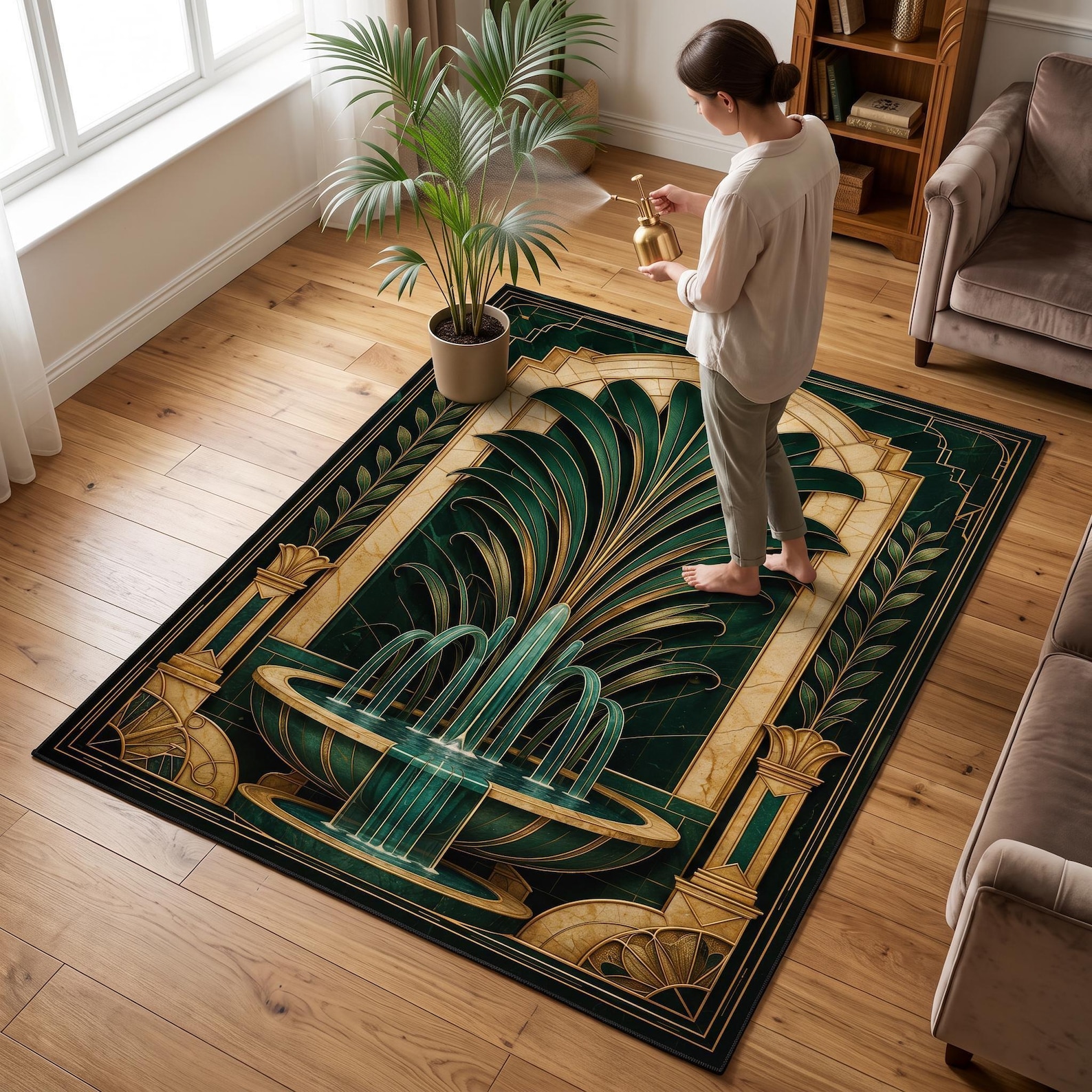 Deco Design Rug Art Deco Palm Rug, Washable Green Fountain Design - Etsy