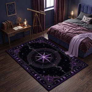 Celestial Compass Rug, Purple Star Map Carpet, Witchy Bedroom Decor