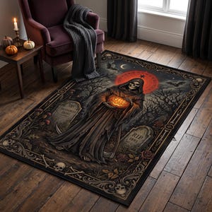 Grim Reaper Halloween Area Rug, Washable Jack O Lantern Print, Entryway Decor