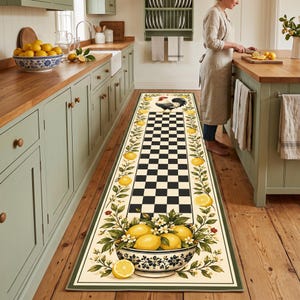 May include: A long rectangular kitchen runner rug featuring a central black and white checkered pattern, bordered by illustrations of green lemon branches with yellow lemons and white blossoms, and a bowl of lemons at the bottom end.