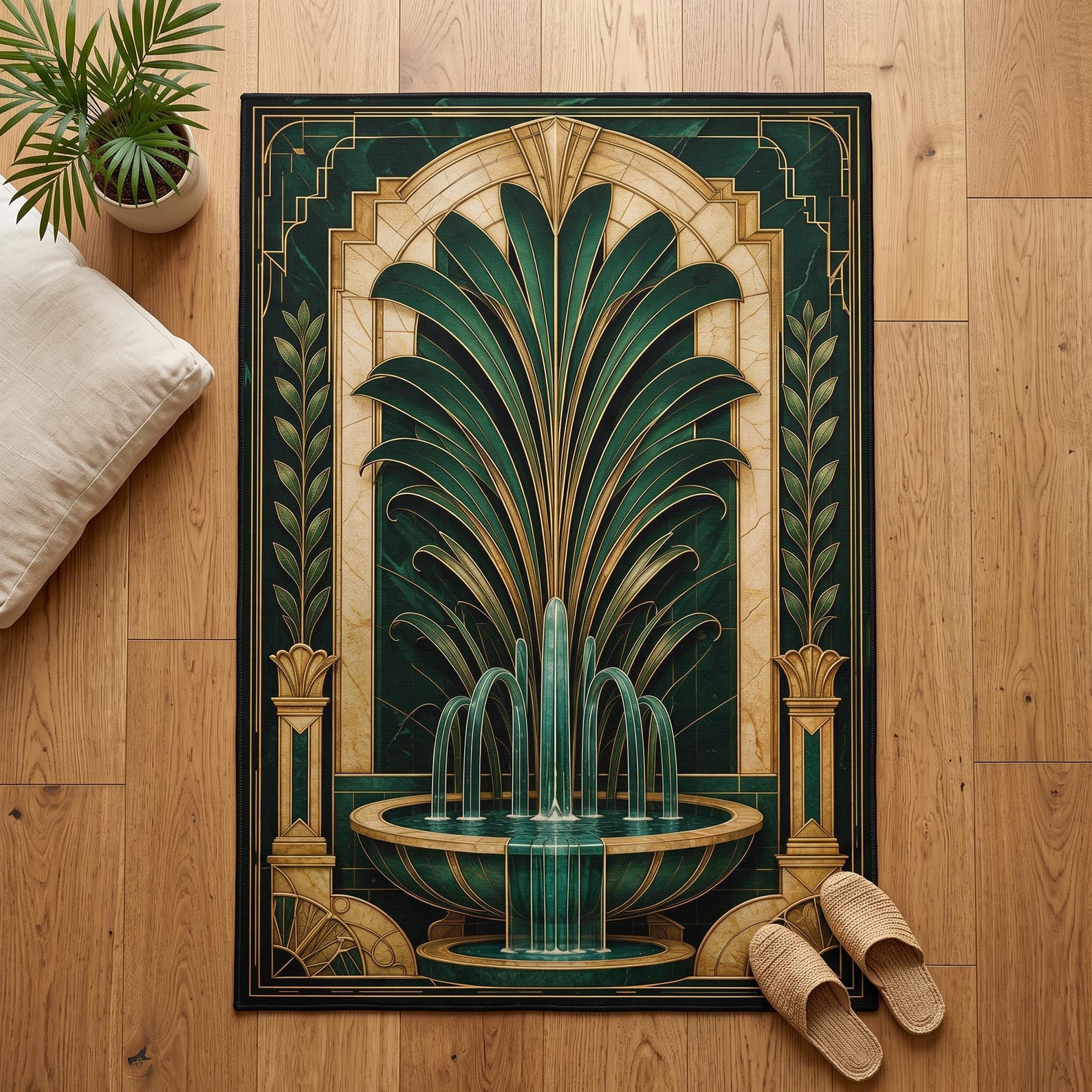 Deco Design Rug Art Deco Palm Rug, Washable Green Fountain Design - Etsy