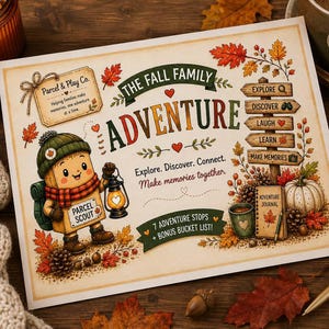 May include: A printed activity sheet titled The Fall Family Adventure featuring a cartoon character wearing a green hat and scarf holding a lantern. The design includes autumn leaves, a wooden signpost with directional arrows, and text.