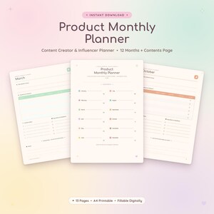 May include: A digital product monthly planner with 13 pages, including a contents page and monthly layouts for March and October. The planner features sections for content ideas, key dates, and deadlines, designed for content creators and influencers.