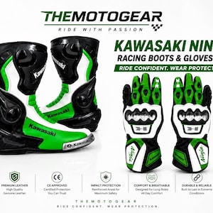 Puede incluir: Un conjunto de botas y guantes de carreras Kawasaki Ninja en negro, blanco y verde. Las botas presentan la marca Kawasaki y paneles protectores. Los guantes incluyen protección para los nudillos y detalles a juego. Texto: THEMOTOGEAR y RIDE WITH PASSION.