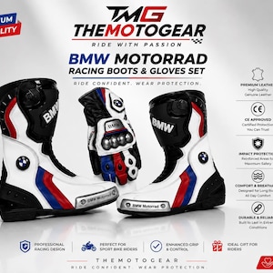BMW Racing-stövlar och handskar i set | Motorcykelutrustning i äkta läder | CE-godkänd skyddsutrustning