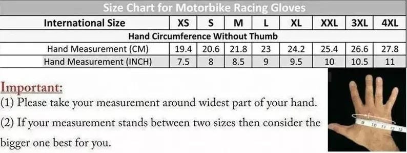 Puede incluir: Una tabla de tallas para guantes de carreras de motos con una lista de tallas internacionales de XS a 4XL. Incluye medidas de circunferencia de la mano en cent&iacute;metros y pulgadas. Una ilustraci&oacute;n muestra una mano medida con una cinta.