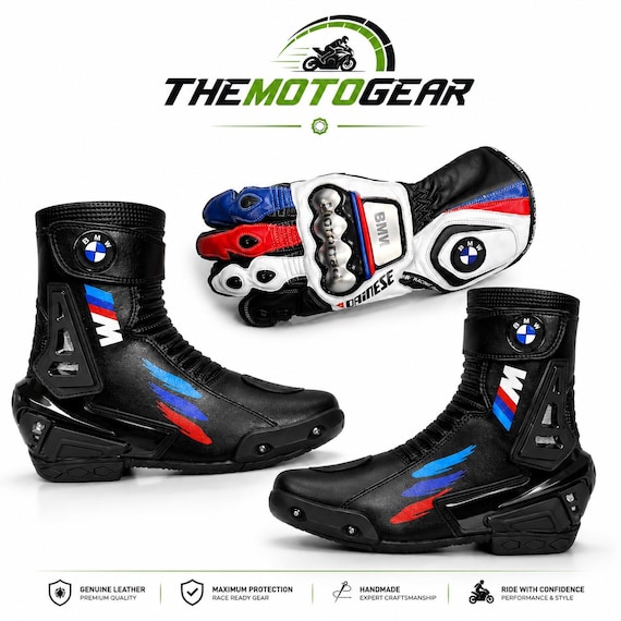 BMW Motorrad Racing Boots & Gloves Set | Genuine Leather Riding | Sport Bike Racing Protective Gear