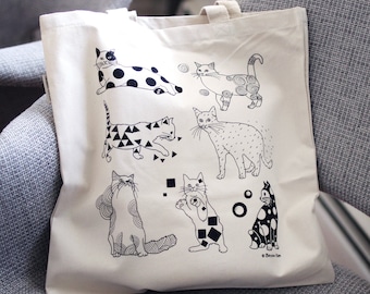 Organic Cotton Heavy Canvas Tote Bag-Cats with patterns