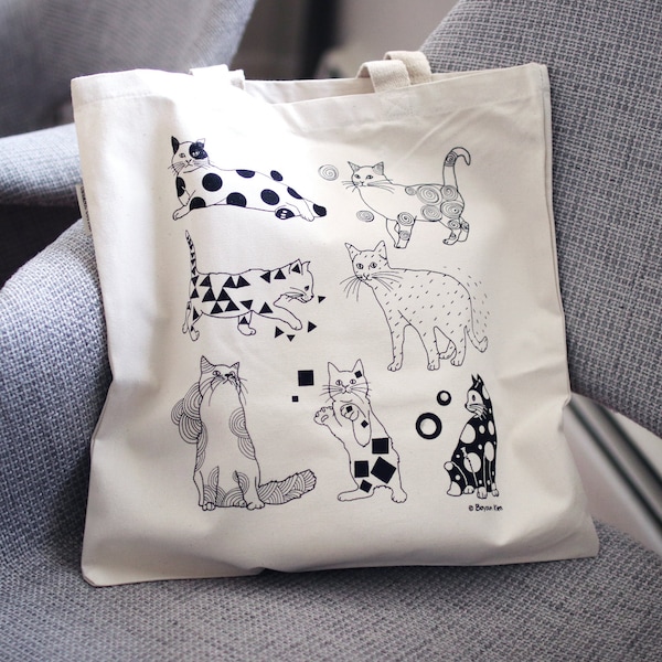 Organic Cotton Heavy Canvas Tote Bag-Cats with patterns