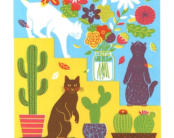 Cats Flowers, and Cactus, Art Print | Giclée Print