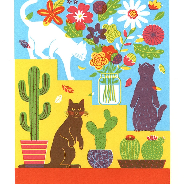 Cats Flowers, and Cactus, Art Print | Giclée Print