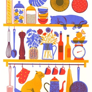 Cats on Shelves Original Screenprint 11" x 14"