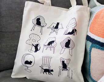 Organic Cotton Heavy Canvas Tote Bag-Cats and Chairs