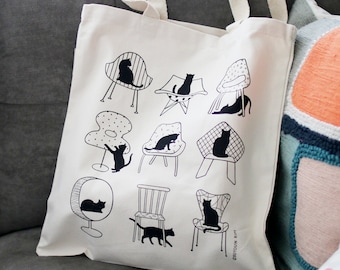 Organic Cotton Heavy Canvas Tote Bag-Cats and Chairs