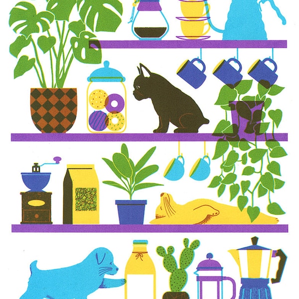 Dogs on Shelves Original Screenprint 11" x 14"