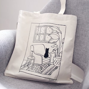 Organic Cotton Heavy Canvas Tote Bag-Cat sitting