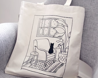 Organic Cotton Heavy Canvas Tote Bag-Cat sitting