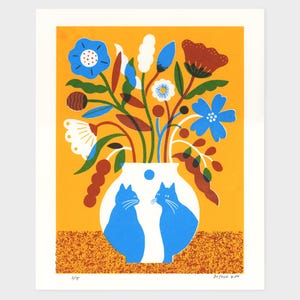 Cat Vase, Limited Edition, Original Screen Print, 11&quot; x 14&quot;