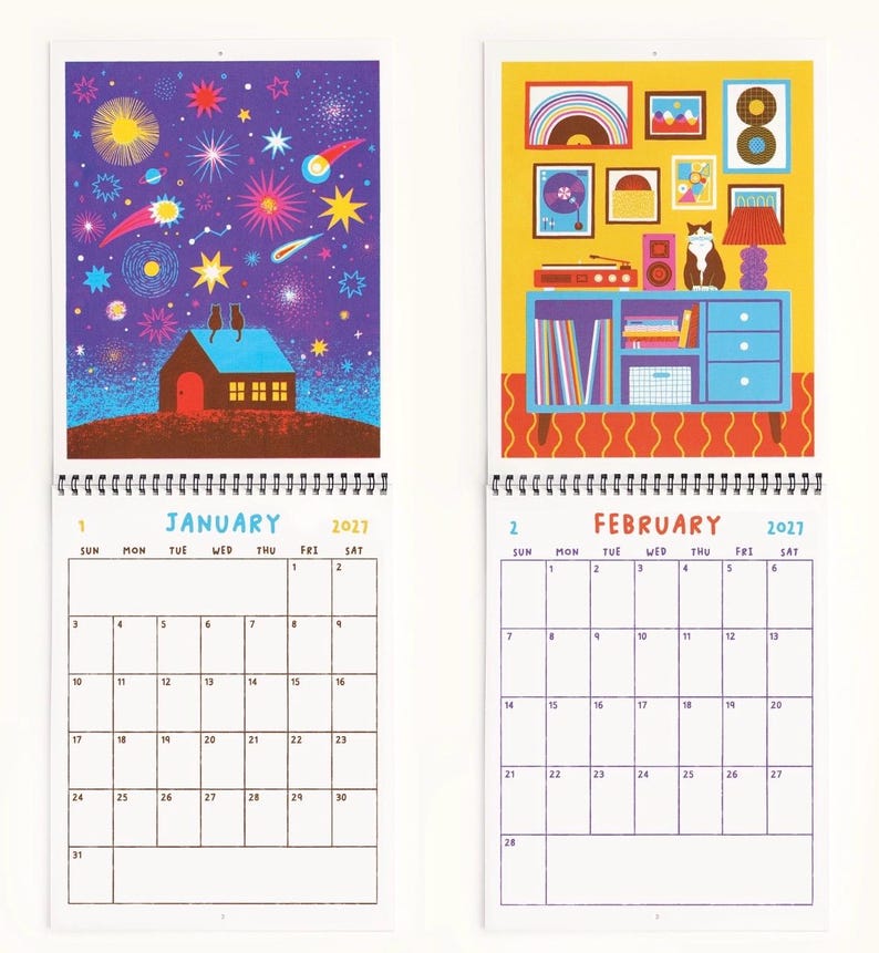 May include: A 2027 wall calendar showing January and February pages. January features a house under a starry purple sky with two cats on the roof. February displays a yellow room with a blue cabinet, a record player, and a cat. Each page includes a grid.