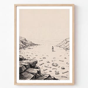 May include: A framed art print featuring a black ink line drawing on a light beige background. The illustration depicts a desolate landscape with rocky cliffs on the sides and a scattering of human bones and skulls across the ground.