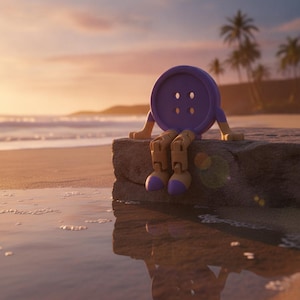 May include: A purple button character with four holes in the center, featuring tan articulated arms and legs with purple feet. The figure is sitting on a rock, with a sunset beach and palm trees visible in the background of the scene.
