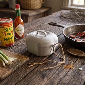 May include: A white lidded pot with a jute twine handle, a yellow can of Slap Ya Mama Cajun seasoning, a bottle of Tabasco sauce, a cast iron skillet containing crawfish and sausage, a wooden spoon, and green onions on a wooden surface.