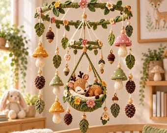 May include: A crochet nursery mobile featuring a central sleeping fawn in a hanging basket, surrounded by dangling elements including green leaves, colorful flowers, brown pinecones, acorns, and various mushrooms in yellow, green, and pink.