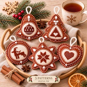 Christmas Ornament Patterns PDF, Gingerbread Christmas Felt Ornaments, Embroidery Templates, Instant Download