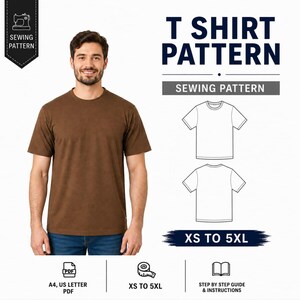 May include: A sewing pattern for a short-sleeved t-shirt in sizes XS to 5XL. The design includes a brown t-shirt, technical line drawings of the front and back of the garment, and text labels for PDF formats, sizing, and step-by-step instructions.