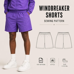 Könnte beinhalten: Ein Schnittmuster für Windbreaker-Shorts mit dem Text WINDBREAKER SHORTS SEWING PATTERN. Das Bild zeigt eine violette Shorts, eine technische Strichzeichnung der Shorts sowie Symbole für PDF, AI-Datei und die Größen S bis 3XL.