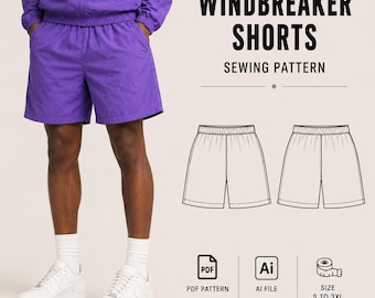 Molde em PDF para shorts corta-vento, shorts retrô estilo streetwear em PDF, molde para shorts de nylon, molde para shorts esportivos de corrida (tamanhos P-4XG)