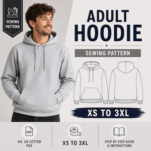 May include: A light gray hooded sweatshirt with a front kangaroo pocket and drawstring hood. The image includes text reading ADULT HOODIE SEWING PATTERN, XS TO 3XL, PDF, A4, US LETTER, and icons for a sewing machine, tape measure, and book.
