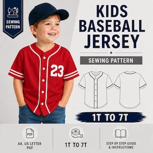 Pode incluir: Um molde de costura para uma camisa de beisebol infantil nos tamanhos 1T a 7T. O design apresenta uma camisa vermelha com botões, detalhes brancos e o número 23 no peito. Inclui formato PDF, guia passo a passo e instruções para A4 e US Letter.