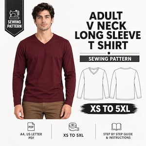May include: A sewing pattern for an adult V-neck long sleeve T-shirt in sizes XS to 5XL. The image displays a maroon long-sleeve shirt, a technical line drawing of the front and back of the garment, and text indicating PDF formats for A4 and US Letter.
