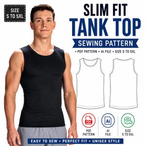 May include: A slim fit tank top sewing pattern available in sizes S to 5XL. The image displays a black tank top, a technical line drawing of the front and back of the garment, and icons for PDF and AI file formats. Text includes SLIM FIT TANK TOP SEWING PATTERN.