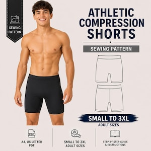 May include: A digital sewing pattern for athletic compression shorts, featuring text that reads ATHLETIC COMPRESSION SHORTS, SEWING PATTERN, and SMALL TO 3XL ADULT SIZES. Includes icons for PDF, measuring tape, and a book for step-by-step instructions.