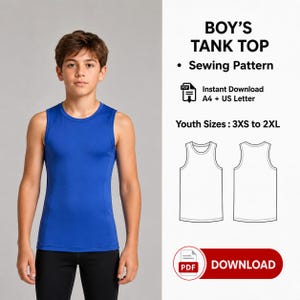 May include: A digital sewing pattern for a sleeveless tank top, featuring text that reads BOY'S TANK TOP, Sewing Pattern, Instant Download A4 + US Letter, and Youth Sizes: 3XS to 2XL. The image includes a line drawing of the front and back of the tank top.