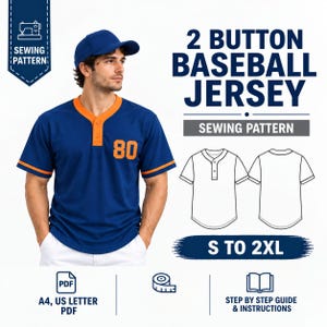 May include: A sewing pattern for a 2-button baseball jersey with a blue body, orange trim, and the number 80 on the chest. The digital file includes instructions, A4 and US Letter PDF formats, and sizing from S to 2XL for this athletic garment.