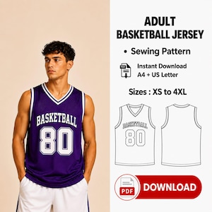 May include: A purple basketball jersey with white trim and the text BASKETBALL 80 on the front. The image includes text for an adult basketball jersey sewing pattern, instant download for A4 and US Letter, and sizes ranging from XS to 4XL.