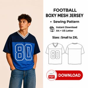 May include: A navy and royal blue boxy mesh jersey with a V-neck and the number 80 in white. Text reads: FOOTBALL BOXY MESH JERSEY, Sewing Pattern, Instant Download, A4 + US Letter, Sizes: Small to 2XL, and DOWNLOAD. Includes a line drawing of the jersey.