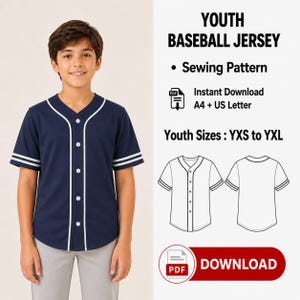 May include: A navy blue youth baseball jersey with white piping along the button placket and sleeve cuffs. The digital sewing pattern includes instructions for sizes YXS to YXL, available as an instant PDF download for A4 and US Letter paper.